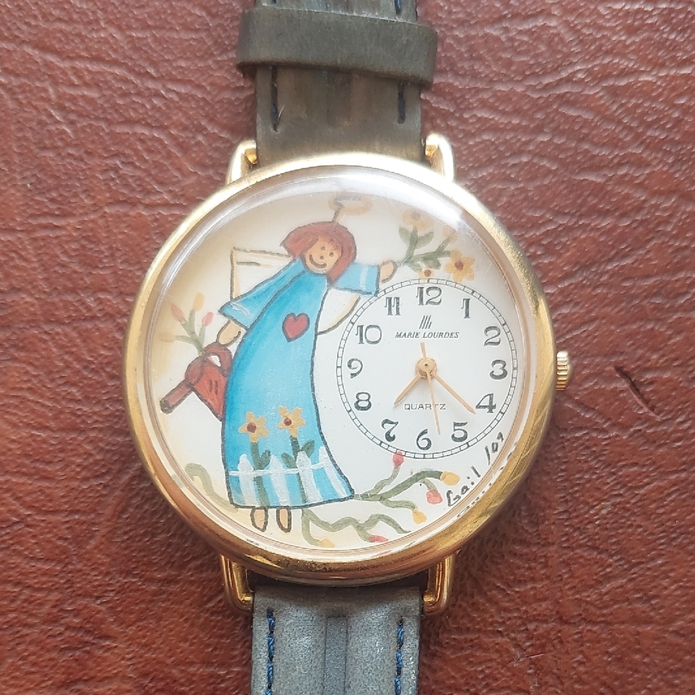 ​Marie Lourdes Folk Art Watch Hand Painted Angel Flower Gold Tone Signed Gail 91
